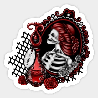 Red Skeleton Girl in Mirror Drink Me Bottle Red and White Roses Sticker